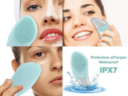 BEPER P302VIS002 Cepillo De Limpieza Facial, 5W, Silicona, Impermeable, Tecnología Sónica, Recargable Mediante Cable USB, Batería, Ideal Para Todo Tipo De Piel, Azul