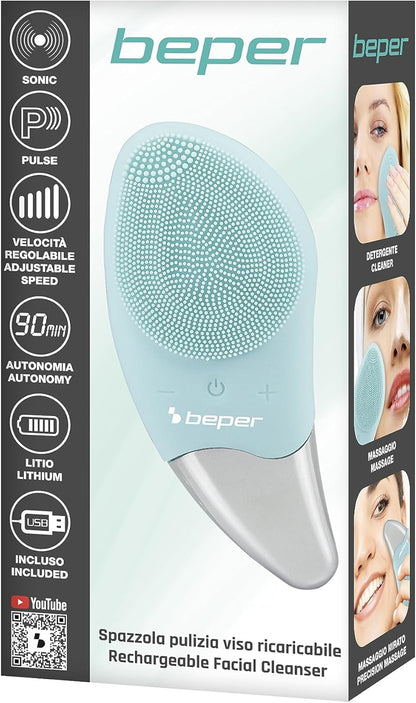 BEPER P302VIS002 Cepillo De Limpieza Facial, 5W, Silicona, Impermeable, Tecnología Sónica, Recargable Mediante Cable USB, Batería, Ideal Para Todo Tipo De Piel, Azul