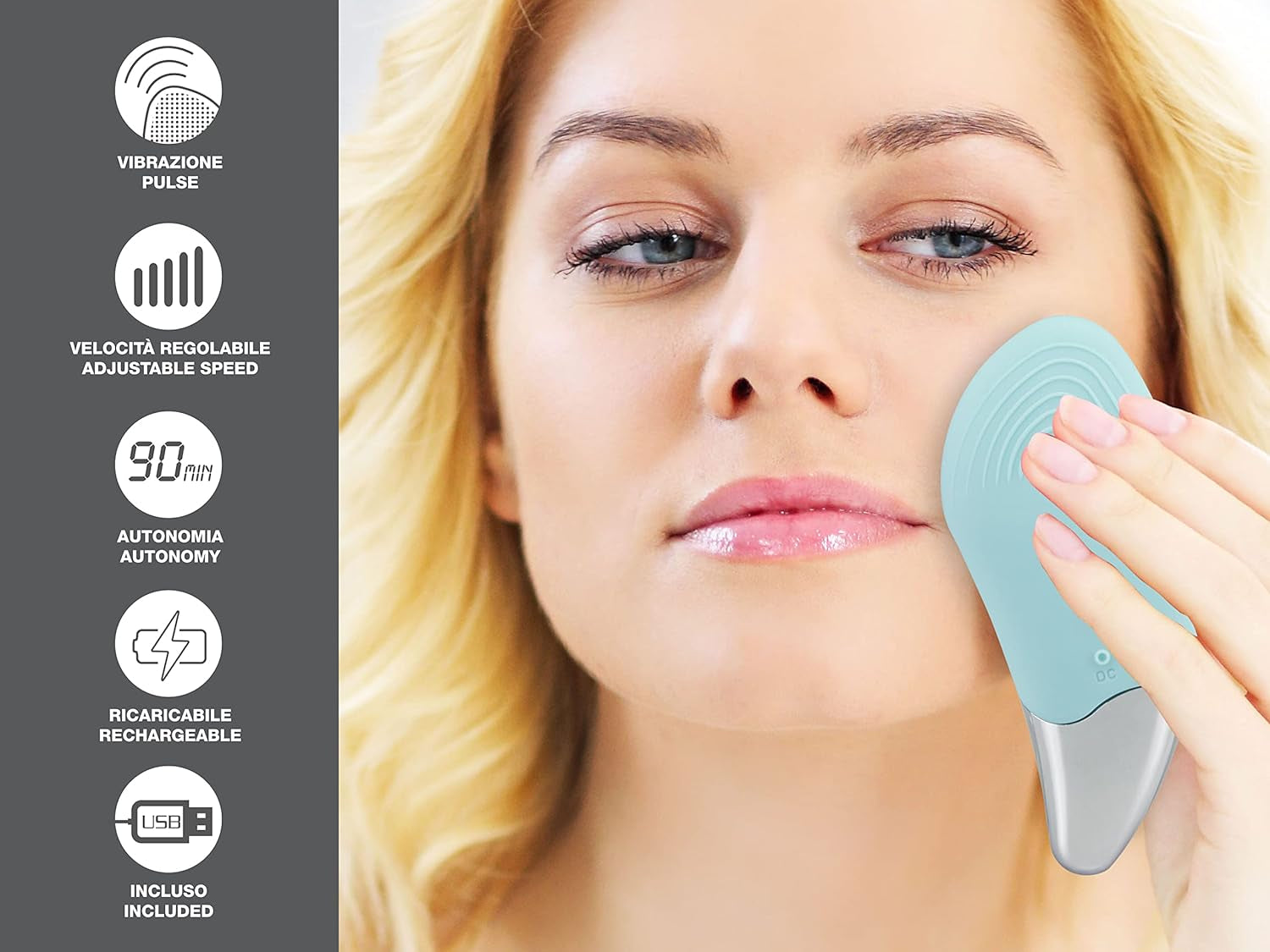 BEPER P302VIS002 Cepillo De Limpieza Facial, 5W, Silicona, Impermeable, Tecnología Sónica, Recargable Mediante Cable USB, Batería, Ideal Para Todo Tipo De Piel, Azul